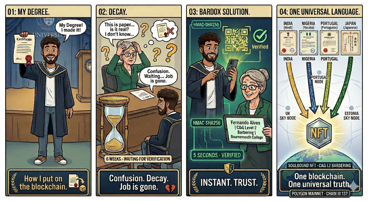 How Bardox works — 4 panel story: My Degree, Decay, Bardox Solution, One Universal Language